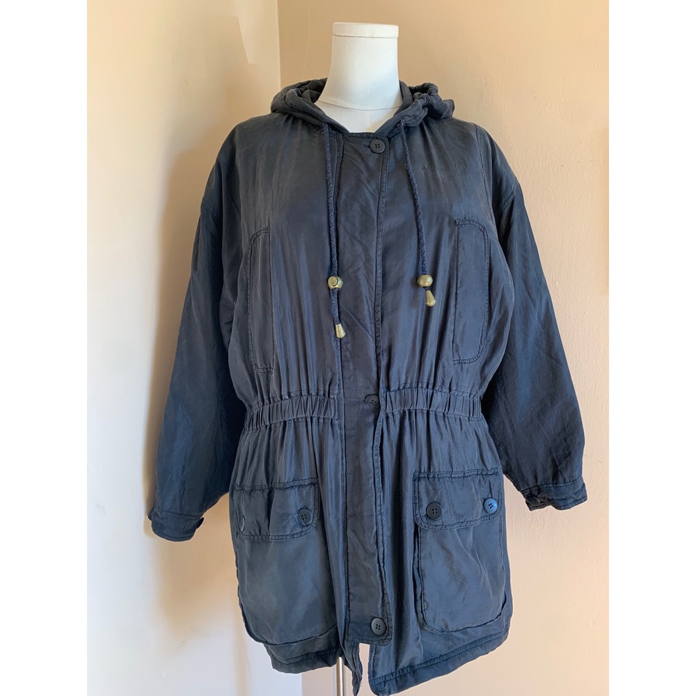 Partners 100% Silk Hooded Anorak Parka Jacket Black Medium Vintage